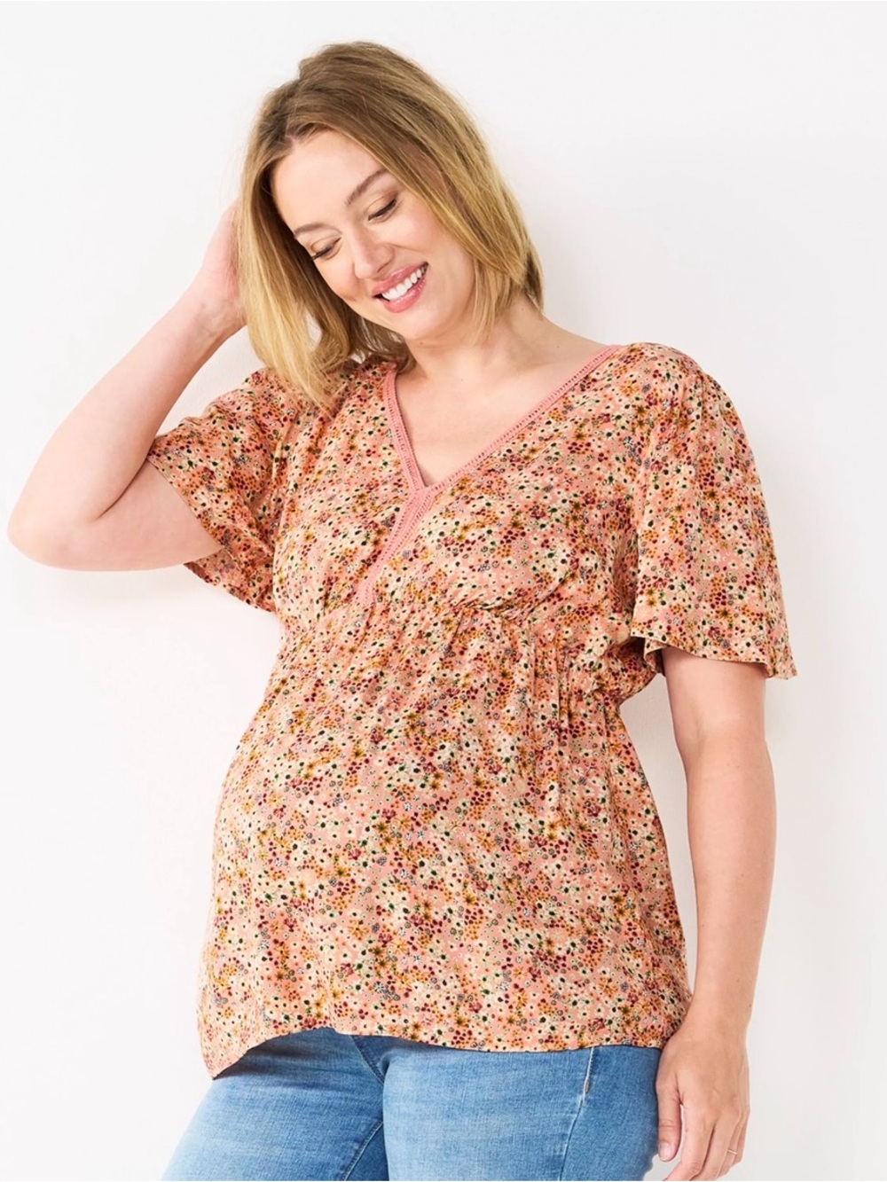 Sonoma Maternity Flutter Sleeve Babydoll Floral V Neck Top Size Small Crochet